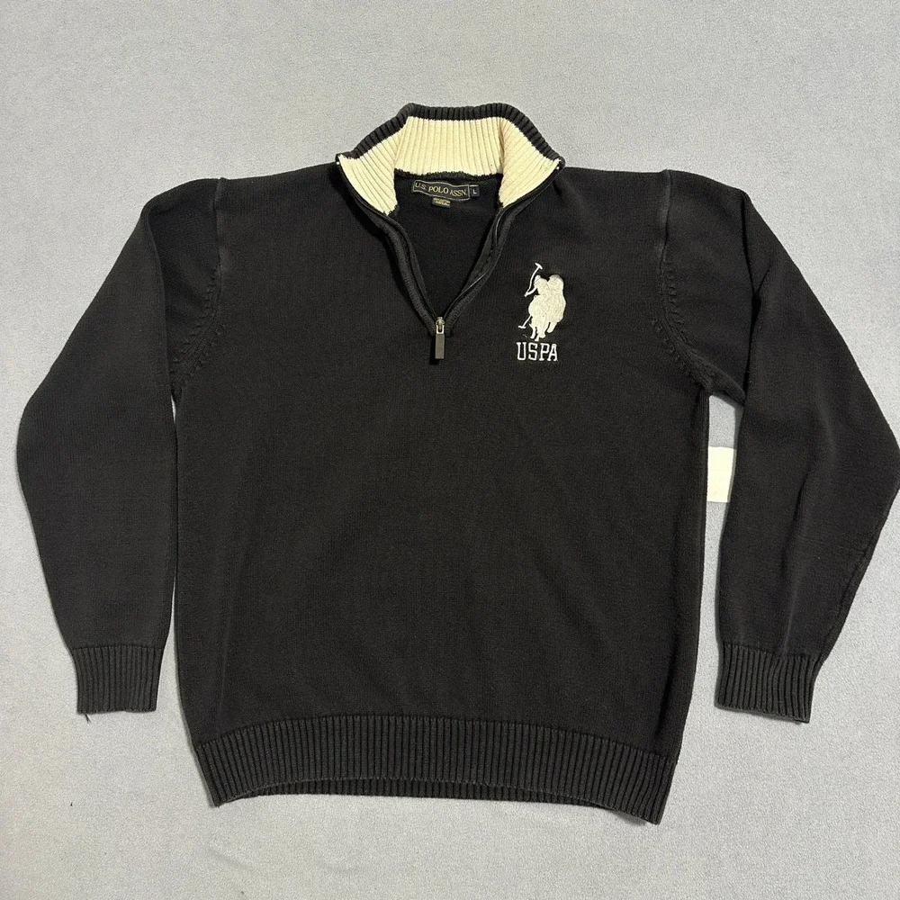 US Polo Assn 1/4 Zip Pullover Sweater Long Sleeves Cotton Black‎ Mens Size Large